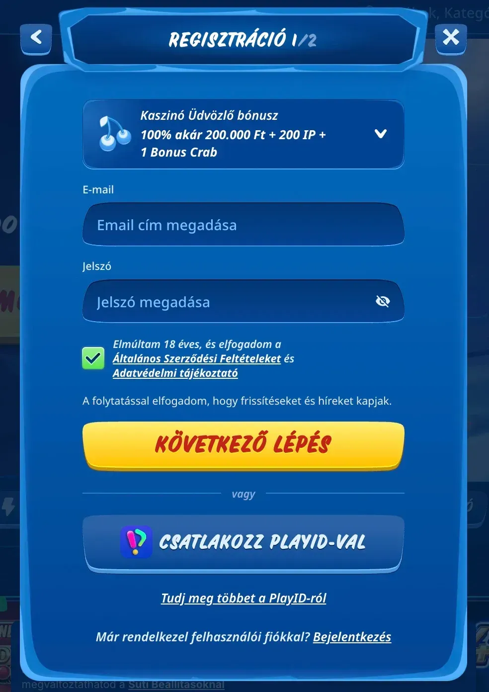 SGcasino regisztráció
